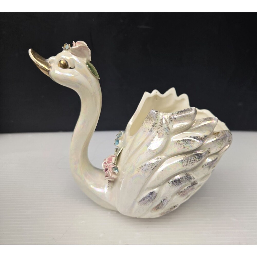 Vtg Norcrest Iridescent Lusterware Ceramic Swan Planter Japan Applied Roses MCM